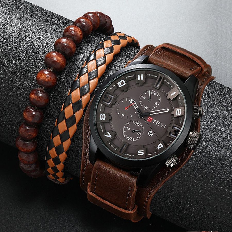 3PCS Set Fashion Mens  Watches Man calendar Quartz Wristwatch Luxury Brown Leather Bracelet Men Casual Clock Watch Valentines Gift