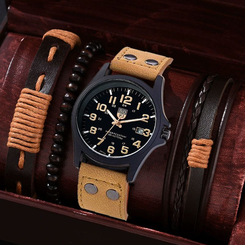 4PCS Set Fashion Mens  Watches Man calendar Quartz Wristwatch Luxury Brown Leather Bracelet Men Casual Clock Watch Valentines Gift
