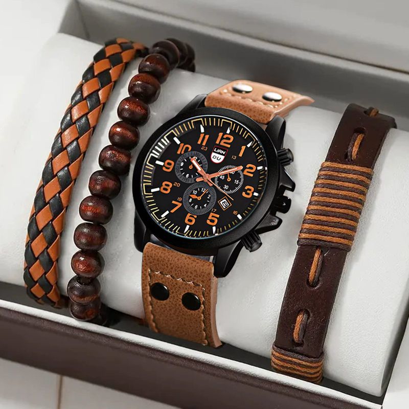 4PCS Set Fashion Mens  Watches Man calendar Quartz Wristwatch Luxury Brown Leather Bracelet Men Casual Clock Watch Valentines Gift