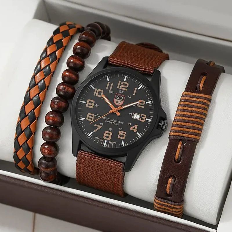 4PCS Set Men Watches Braided Belt Military Watch Luxury Brown Leather Bracelet Outdoor Sports Watch Casual Fashion Classic Quality Watches Valentines Gift