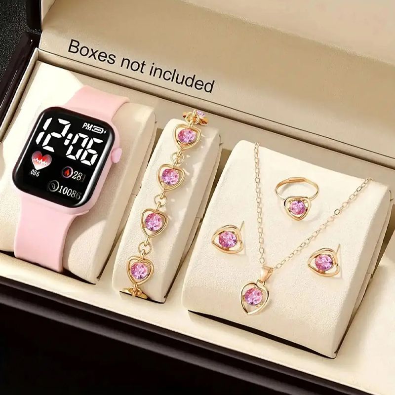 6PCS Ladies Watch Jewelry Set Watch Ring Necklace Earrings Bracelet Set Pink Crystal Watch Set Wristwatch Ladies' Quartz Watch Valentines Gift