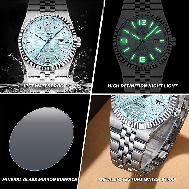 BINBOND High Quality Original Men Clock Waterproof Luminous Date Luxury Man Watch Stainless Steel Quartz Men's Watches Male