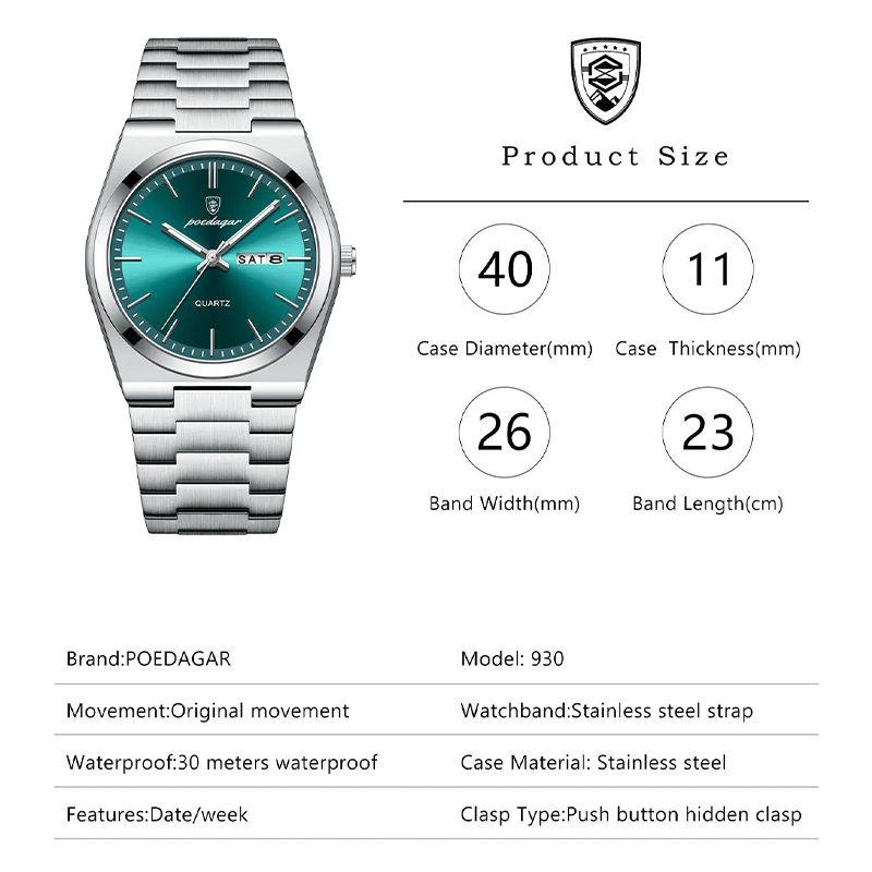 POEDAGAR Luxury Quartz Man Wristwatch Sport Men Watches Waterproof Luminous Date Week Stainless Steel Men's Watch Male