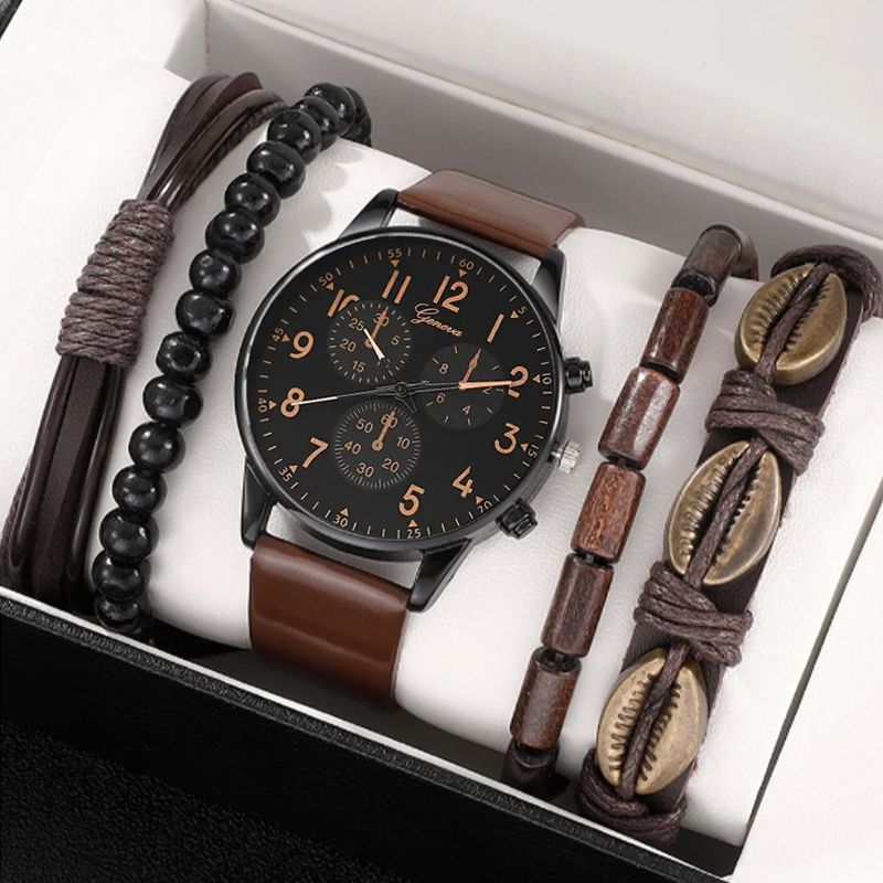 5PCS Set Fashion Mens Sports Bracelet Watches For Men Retro Big Dial Quartz Wrist Watch Classic Male Casual Brown Leather Watch