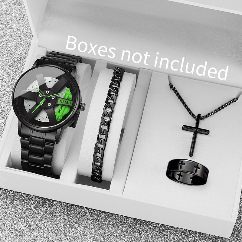 4 In 1 Men's Watch Set And Rings Bracelet Necklace Black Cross Necklace Set Casual 3D Car Wheel Dial Stainless Steel Band Quartz Watch for Men Cloc