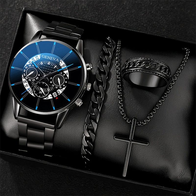 4 In 1 Men's Watch Set And Jewelry Set Black Men's Calendar Watch Rings Bracelet Necklace Black Cross Necklace Daily Wear Business Leisure Daily Clothing Matching Perfect Gift