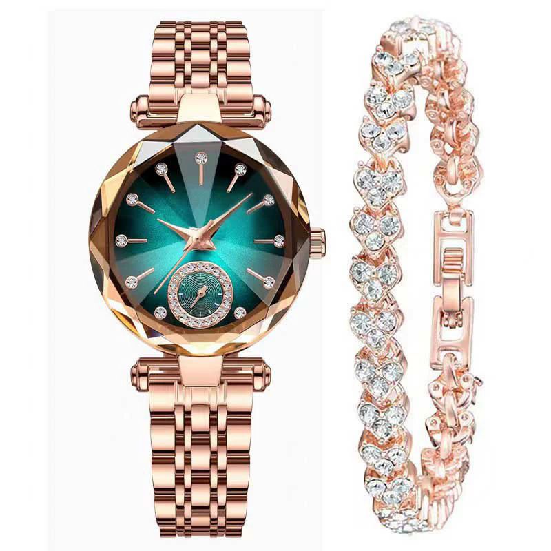 Women Watch Luxury Rose Gold Diamond Watch Watch Elegant Luxury Rhombus Glass Women Watch Bracelet Set