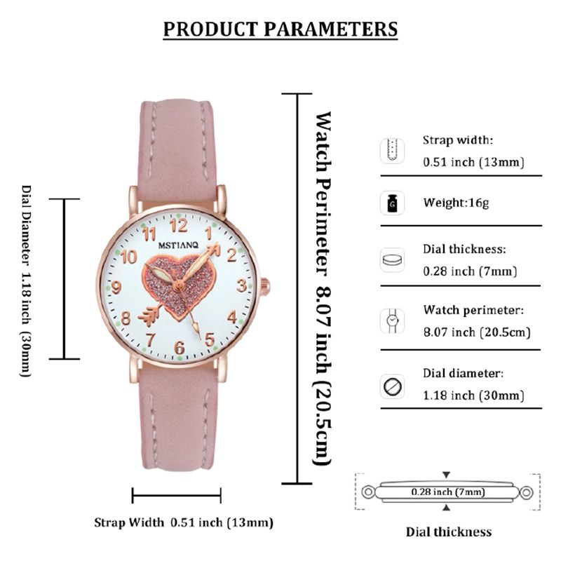 6PCS Fashion Women's Watch Earrings Rings Necklace Bracelet Set Ladies' Butterfly Jewelry Set Women's Wristwatch Leather Strap Love Dial Quartz Watch Ladies' Set Birthday Gift