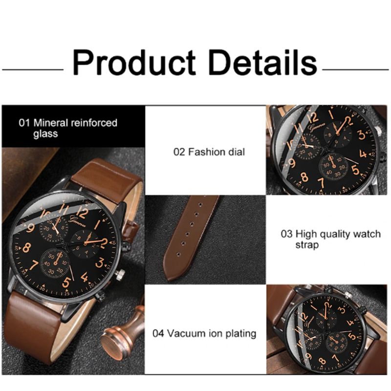 5PCS Set Fashion Mens Sports Bracelet Watches For Men Retro Big Dial Quartz Wrist Watch Classic Male Casual Brown Leather Watch