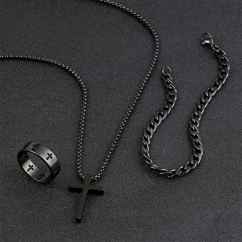 4pcs Set Men's Watch Stainless Steel Metal Cross Pendant Chain Necklace Bracelet Ring Jewelry Set Male Hip Hop Daily Wear Accessories