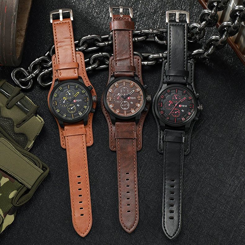 3PCS Set Fashion Mens  Watches Man calendar Quartz Wristwatch Luxury Brown Leather Bracelet Men Casual Clock Watch Valentines Gift