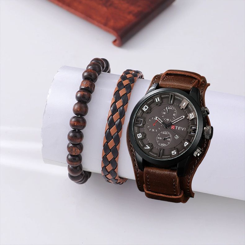 3PCS Set Fashion Mens  Watches Man calendar Quartz Wristwatch Luxury Brown Leather Bracelet Men Casual Clock Watch Valentines Gift
