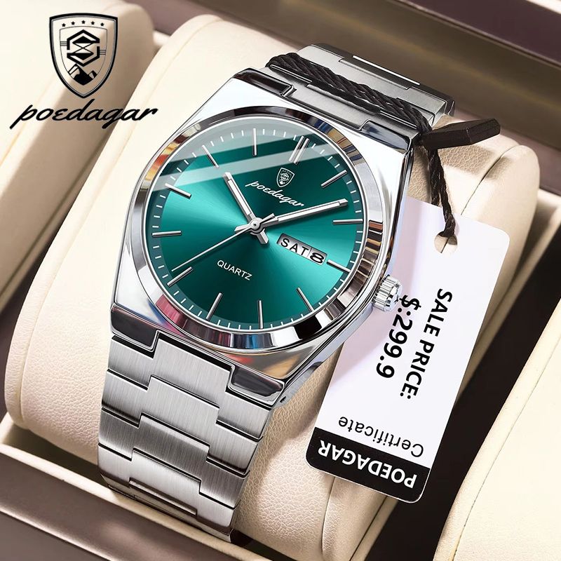 POEDAGAR Luxury Quartz Man Wristwatch Sport Men Watches Waterproof Luminous Date Week Stainless Steel Men's Watch Male