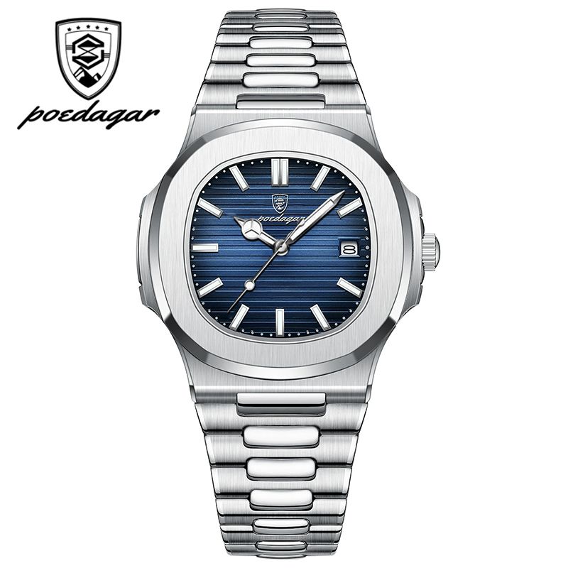 POEDAGAR Luxury Watch Business Waterproof Male Clock Luminous Date Stainless Steel Square Quartz Men Watch