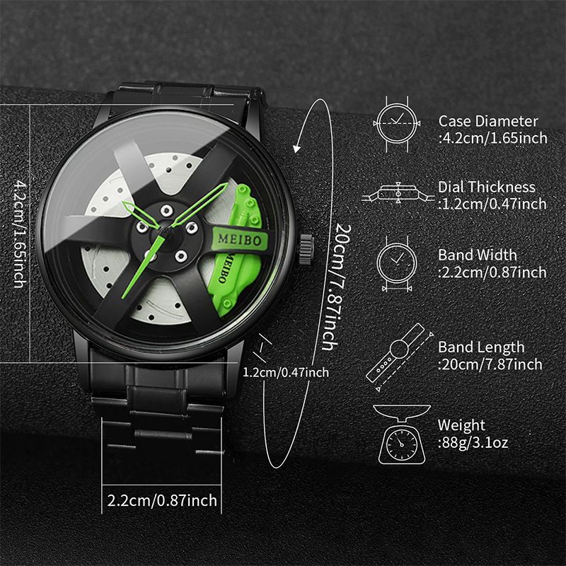 4 In 1 Men's Watch Set And Rings Bracelet Necklace Black Cross Necklace Set Casual 3D Car Wheel Dial Stainless Steel Band Quartz Watch for Men Cloc