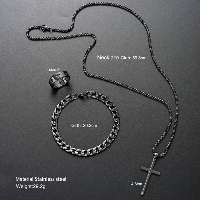 4 In 1 Men's Watch Set And Rings Bracelet Necklace Black Cross Necklace Set Casual 3D Car Wheel Dial Stainless Steel Band Quartz Watch for Men Cloc