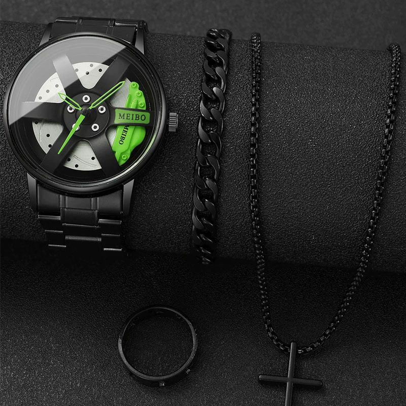 4 In 1 Men's Watch Set And Rings Bracelet Necklace Black Cross Necklace Set Casual 3D Car Wheel Dial Stainless Steel Band Quartz Watch for Men Cloc