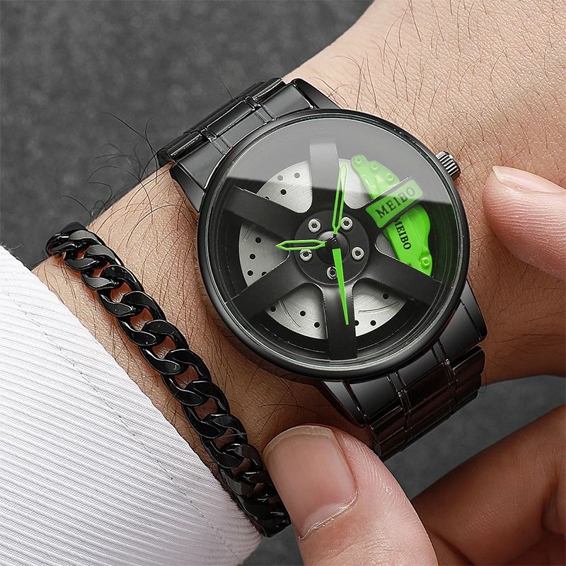 4 In 1 Men's Watch Set And Rings Bracelet Necklace Black Cross Necklace Set Casual 3D Car Wheel Dial Stainless Steel Band Quartz Watch for Men Cloc
