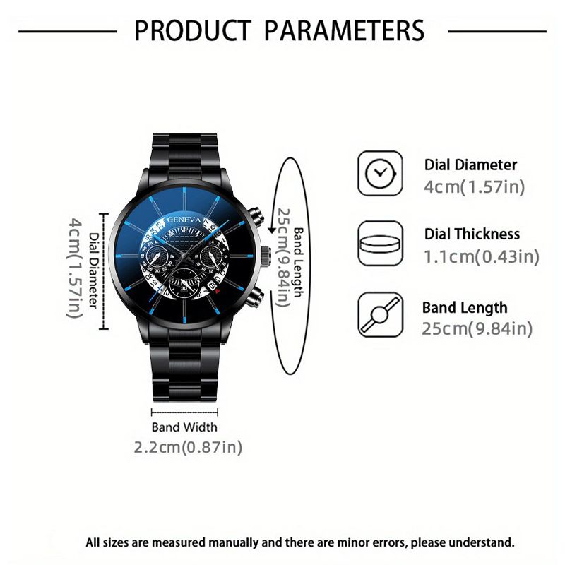4 In 1 Men's Watch Set And Jewelry Set Black Men's Calendar Watch Rings Bracelet Necklace Black Cross Necklace Daily Wear Business Leisure Daily Clothing Matching Perfect Gift