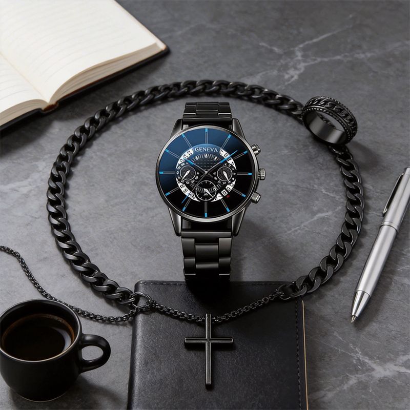 4 In 1 Men's Watch Set And Jewelry Set Black Men's Calendar Watch Rings Bracelet Necklace Black Cross Necklace Daily Wear Business Leisure Daily Clothing Matching Perfect Gift