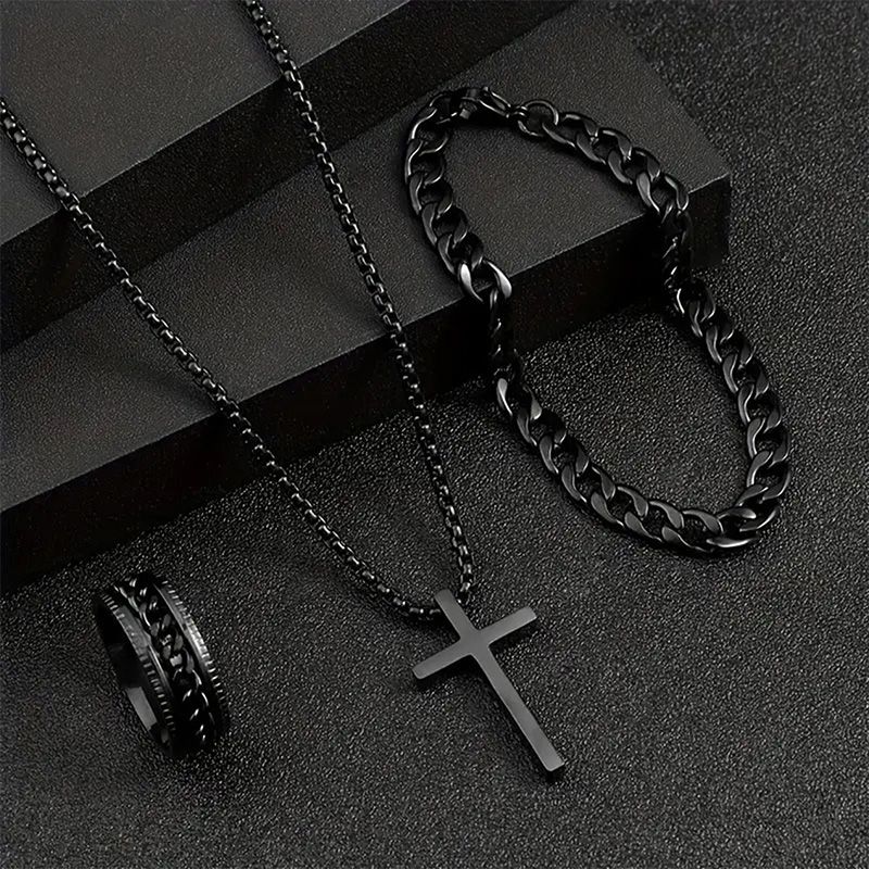 4 In 1 Men's Watch Set And Jewelry Set Black Men's Calendar Watch Rings Bracelet Necklace Black Cross Necklace Daily Wear Business Leisure Daily Clothing Matching Perfect Gift