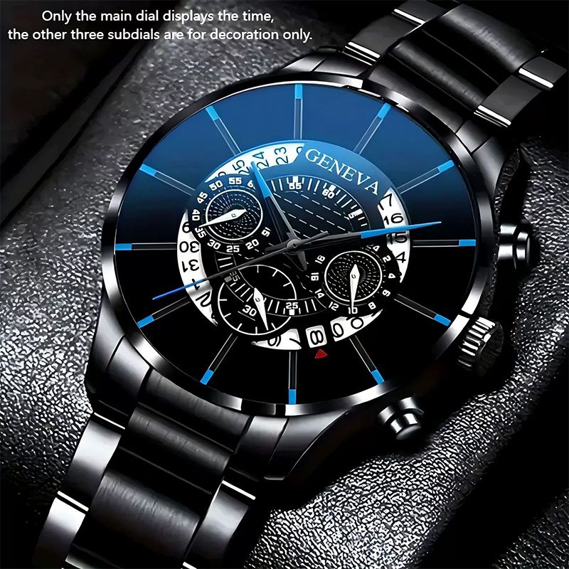 4 In 1 Men's Watch Set And Jewelry Set Black Men's Calendar Watch Rings Bracelet Necklace Black Cross Necklace Daily Wear Business Leisure Daily Clothing Matching Perfect Gift