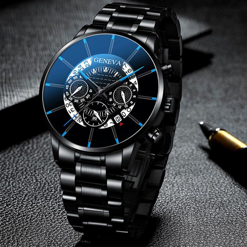4 In 1 Men's Watch Set And Jewelry Set Black Men's Calendar Watch Rings Bracelet Necklace Black Cross Necklace Daily Wear Business Leisure Daily Clothing Matching Perfect Gift