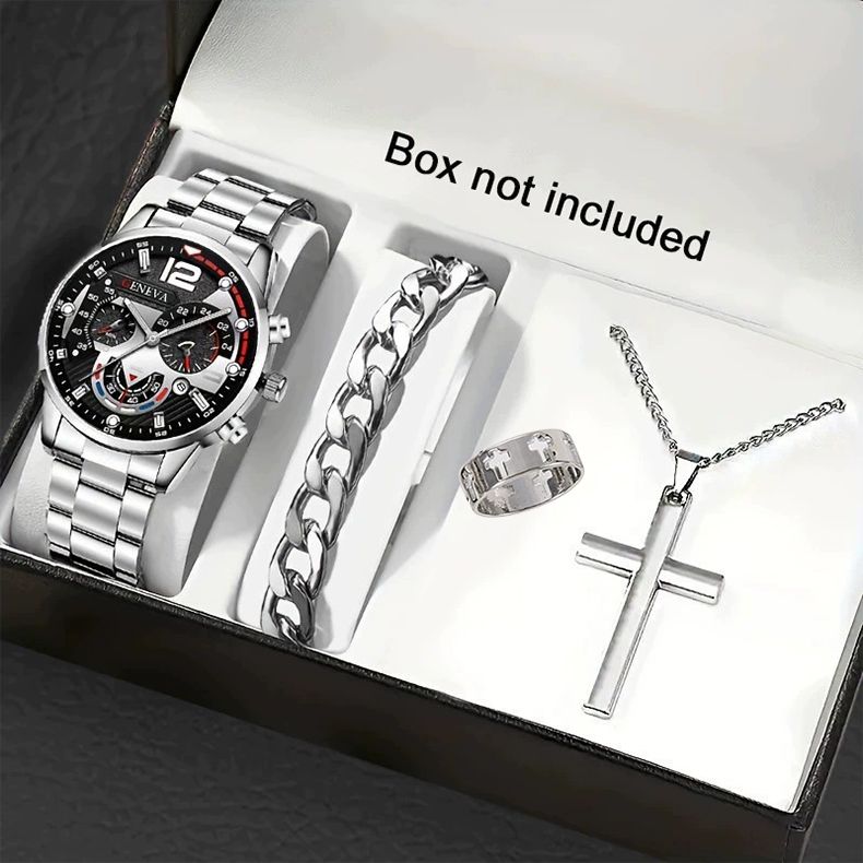 4 In 1 Men's Watch Set And Stainless Steel Metal Cross Pendant Chain Necklace Bracelet Ring Jewelry Set Male Hip Hop Daily Wear Accessories