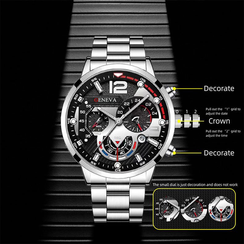 4 In 1 Men's Watch Set And Stainless Steel Metal Cross Pendant Chain Necklace Bracelet Ring Jewelry Set Male Hip Hop Daily Wear Accessories