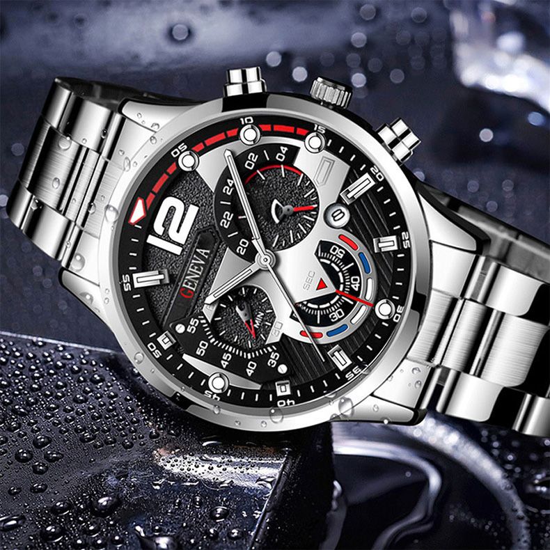 4 In 1 Men's Watch Set And Stainless Steel Metal Cross Pendant Chain Necklace Bracelet Ring Jewelry Set Male Hip Hop Daily Wear Accessories