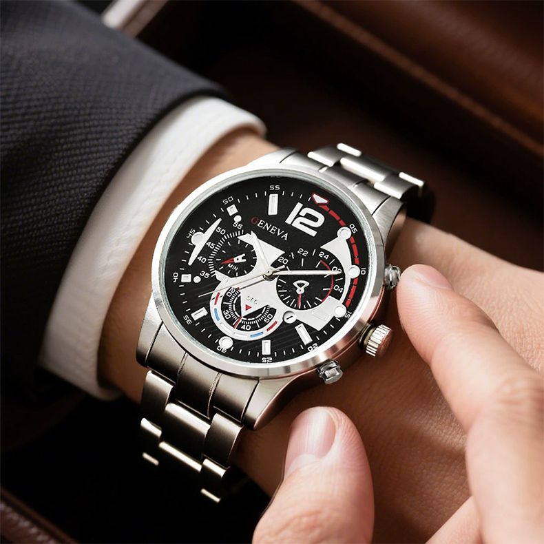 4 In 1 Men's Watch Set And Stainless Steel Metal Cross Pendant Chain Necklace Bracelet Ring Jewelry Set Male Hip Hop Daily Wear Accessories