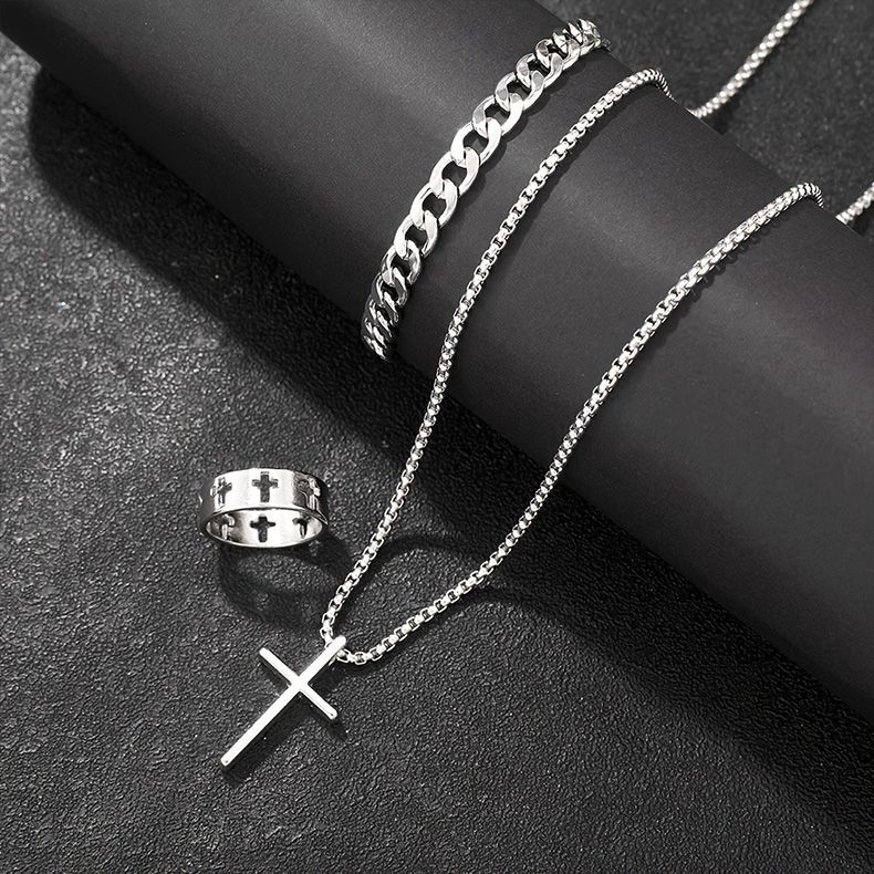 4 In 1 Men's Watch Set And Stainless Steel Metal Cross Pendant Chain Necklace Bracelet Ring Jewelry Set Male Hip Hop Daily Wear Accessories