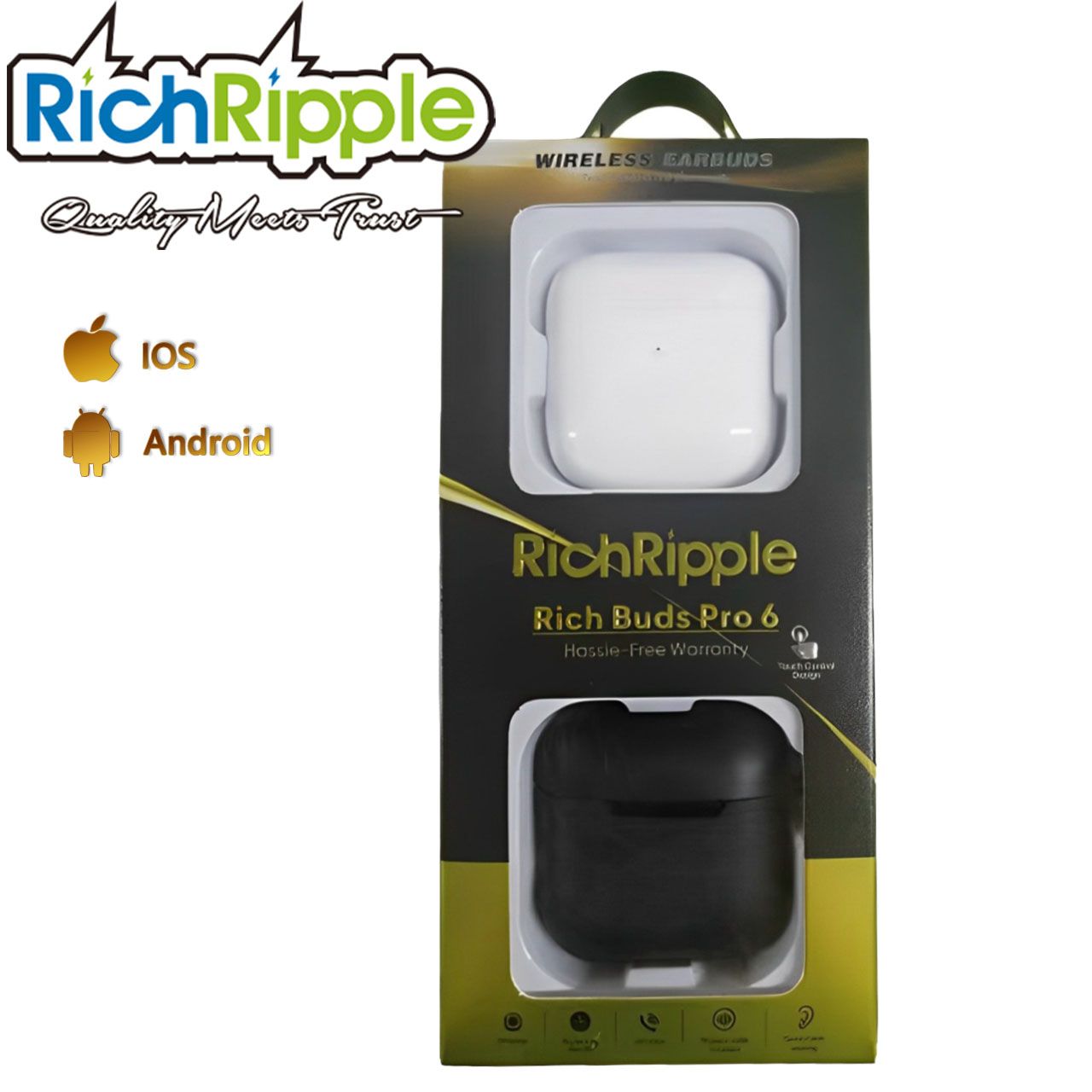 RichRipple Pro 6  Bluetooth Earphone(pro3 upgrade mini size) Pro6 Wireless Bluetooth Earpods for android&ios Pods Earbuds White with Black Covers Black