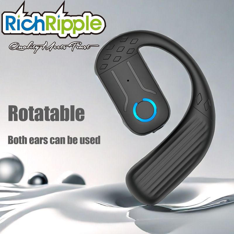 RichRipple 180° Rotatable Left/Right 10H Play Time Wireless  Bluetooth Earphone Digital Display Single Earbud Ultra Long Standby Business Earpods HD Call Headset Outdoor Black