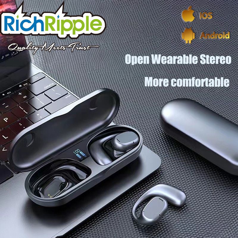 RichRipple JR-2 New Wireless Earphone Clip on Bluetooth-Compatible V5.3 Sports Earbuds Comfortable Digital Display Ear-clip Earphones Black