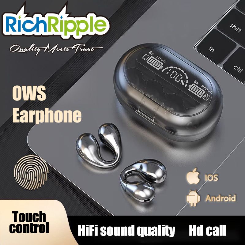 RichRipple Conduction Earphones JR-1 Mini Wireless Headphones Clip on Bluetooth-Compatible V5.3 Sports Headset Comfortable Digital Display Ear-clip Earphones Black