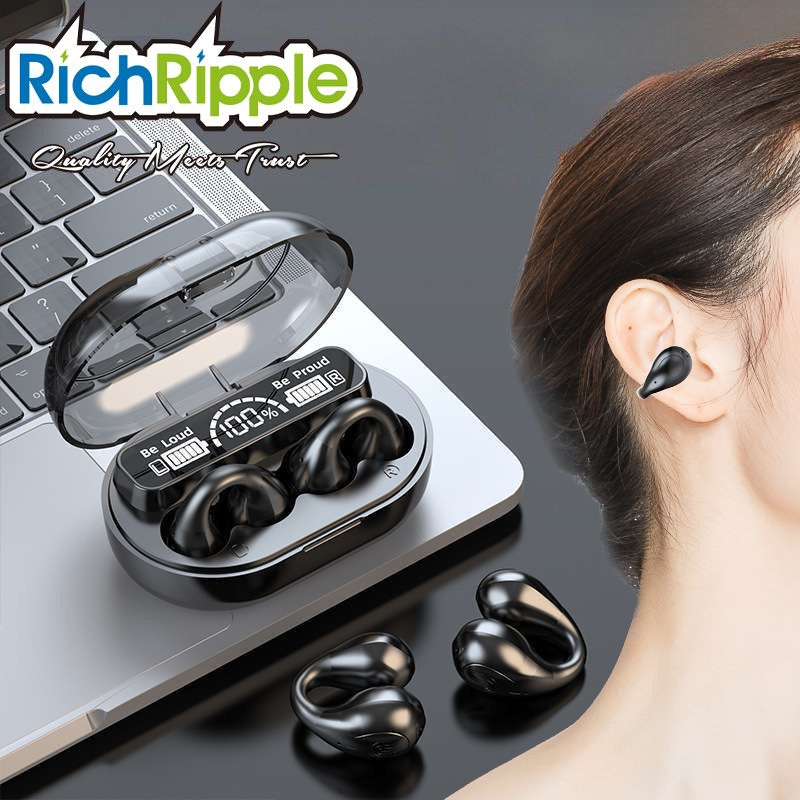 RichRipple Conduction Earphones JR-1 Mini Wireless Headphones Clip on Bluetooth-Compatible V5.3 Sports Headset Comfortable Digital Display Ear-clip Earphones Black