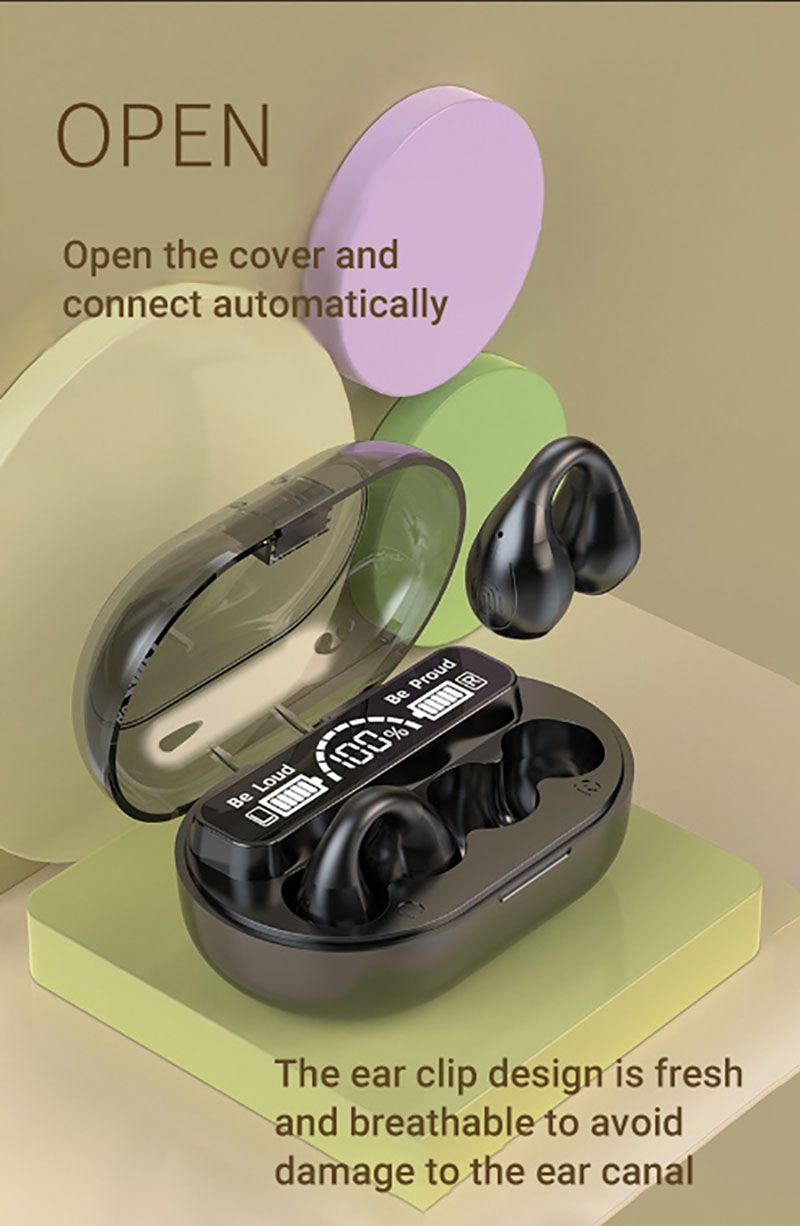 RichRipple Conduction Earphones JR-1 Mini Wireless Headphones Clip on Bluetooth-Compatible V5.3 Sports Headset Comfortable Digital Display Ear-clip Earphones