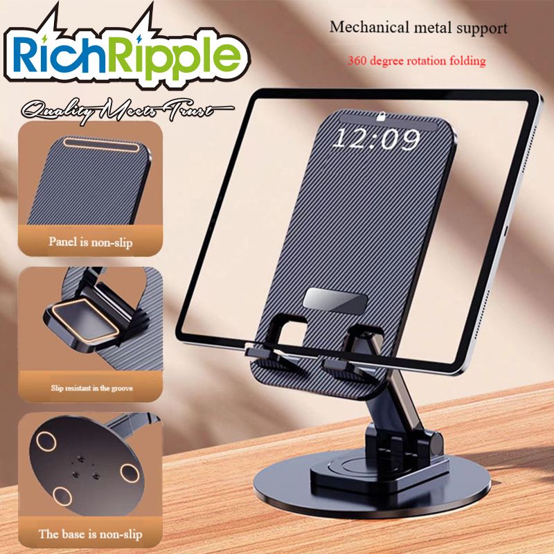 Tablet Mobile Phone Stand 360° Rotating Foldable For iPad Pad Desk Holder Bracket Cellphone Infinix itel TECNO Xiaomi Universal Metal Base Black