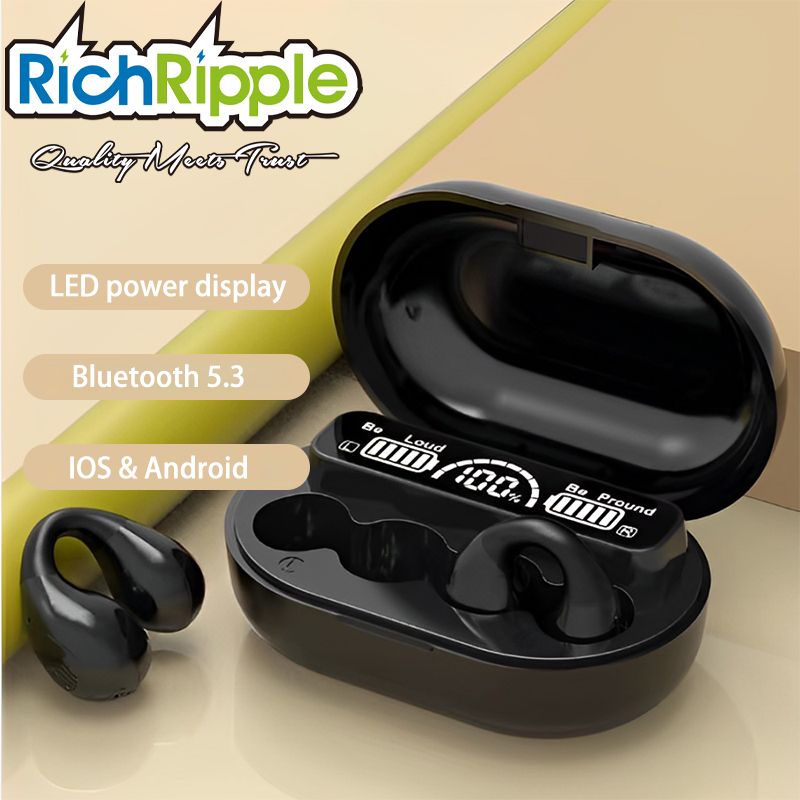 RichRipple Conduction Earphones JR-1 Mini Wireless Headphones Clip on Bluetooth-Compatible V5.3 Sports Headset Comfortable Digital Display Ear-clip Earphones Black