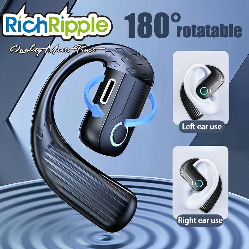 RichRipple 180° Rotatable Left/Right 10H Play Time Wireless  Bluetooth Earphone Digital Display Single Earbud Ultra Long Standby Business Earpods HD Call Headset Outdoor Black