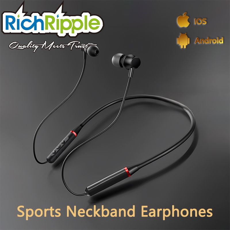 RichRipple Sports Earphones Neckband Earphones Bluetooth Earphones Wireless Headphones Magnetic Sport Neckband Neck-hanging TWS Earbuds Wireless Bluetooth Headset with Mic Black