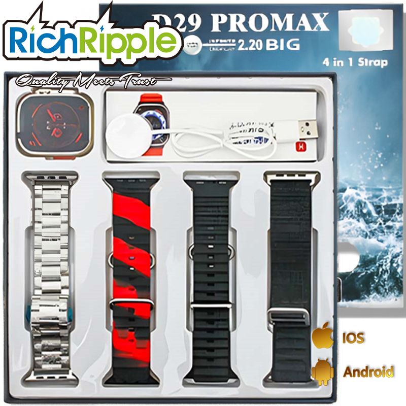 RichRipple Newest 4in1 Ultra Smart Watch Strap 49mm 2.2inch Full Touch Screen Sports Fitness Watch IP68 Waterproof Bluetooth Call Smart Watch Black