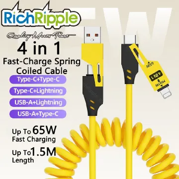 RichRipple 4 in 1 65W 1.5M Fast Charging Cable USB Data Cables Suitable For IPhone Xiaomi Tecno Huawei Samsung Charger Liquid Silicon Type-C Micro Lighting Charging Cable Yellow