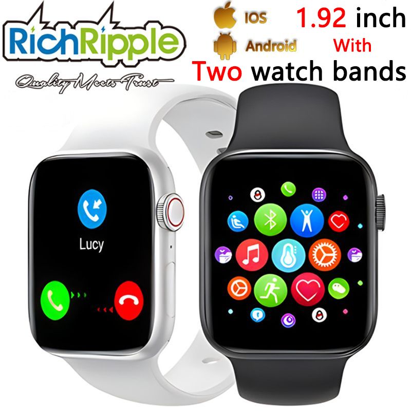 RichRipple New Black + Grey 2WatchBands Smart Watch Bluetooth Calling 1.75" IPS Heart Rate Blood Pressure Monitor Fitness Tracker for Smart Phone