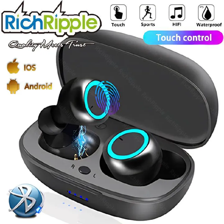 RichRipple Y50 Pro Wireless Bluetooth Earphone TWS Stereo Earbuds In-Ear Earpods Touch Control 450mAh with Mic Earphone for iOS Android