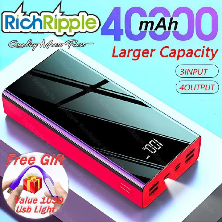 RichRipple Power Banks 40000mah iPhone LED Power Bank ExterBattery USB Large Capacity Mirror Screen Portable for all Phones  powerbank