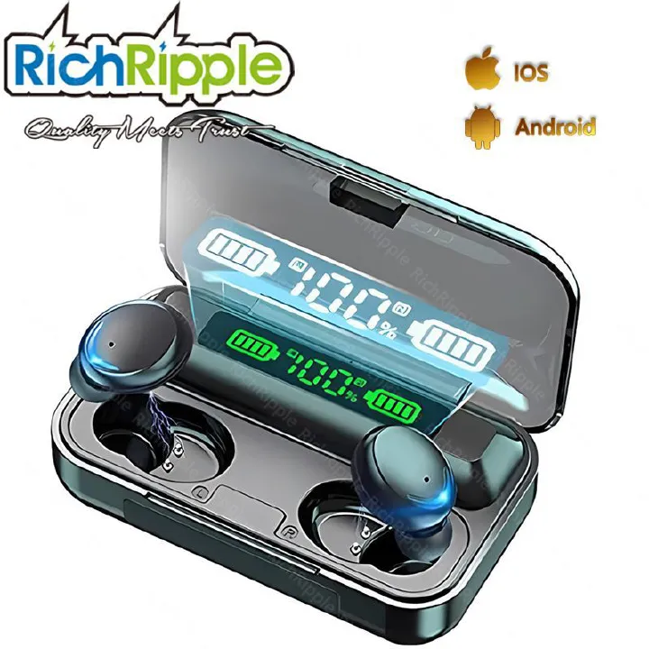 RichRipple F9 Bluetooth 5.0 TWS Bluetooth Earphone 2000mAh Charging Box Earpods Sports Stereo Wireless Earbuds Waterproof Headset with Mic