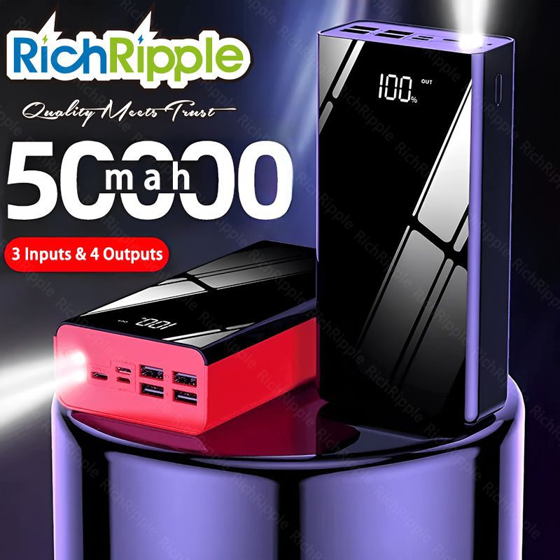 RichRipple Power Banks 50000mah LED Power Bank charge station ExterBattery USB Large Capacity Mirror Screen Portable for all Phones Black 50000mah powerbank