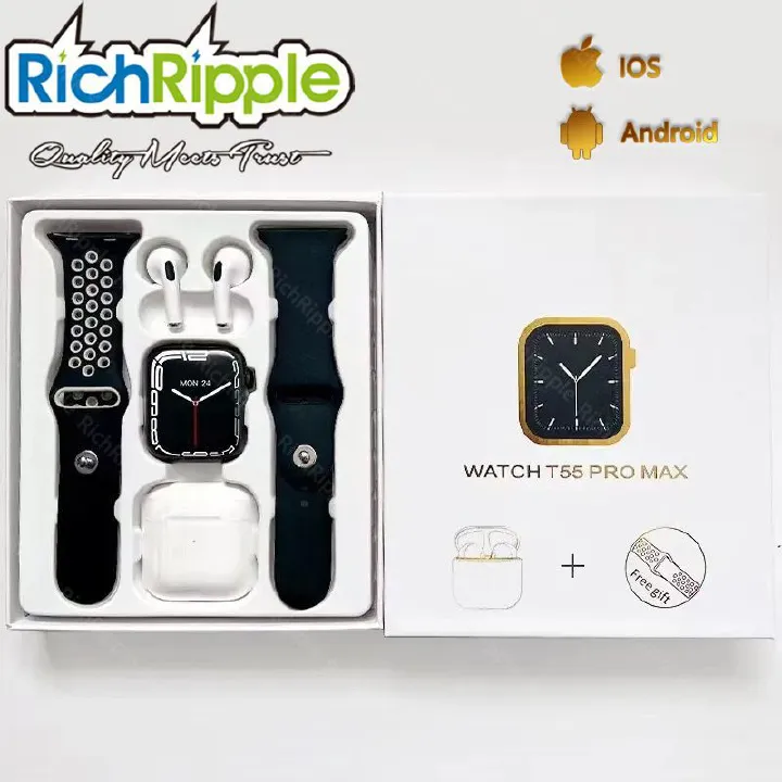RichRipple 2 in 1 T55 Pro Max Smart Watch TWS Earphone in One Double Strap BT Call  Smart Watches Reloj 1.44 Inch Screen T55 Pro Max SmartWatches